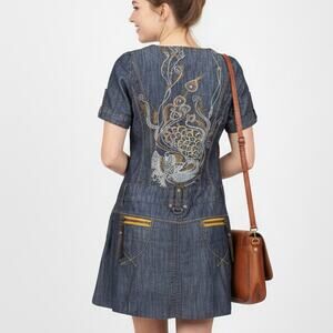 VTG Bonny Denim Dress Large Embroidered Fish A-Line Jean Mini Dress 100% Cotton
